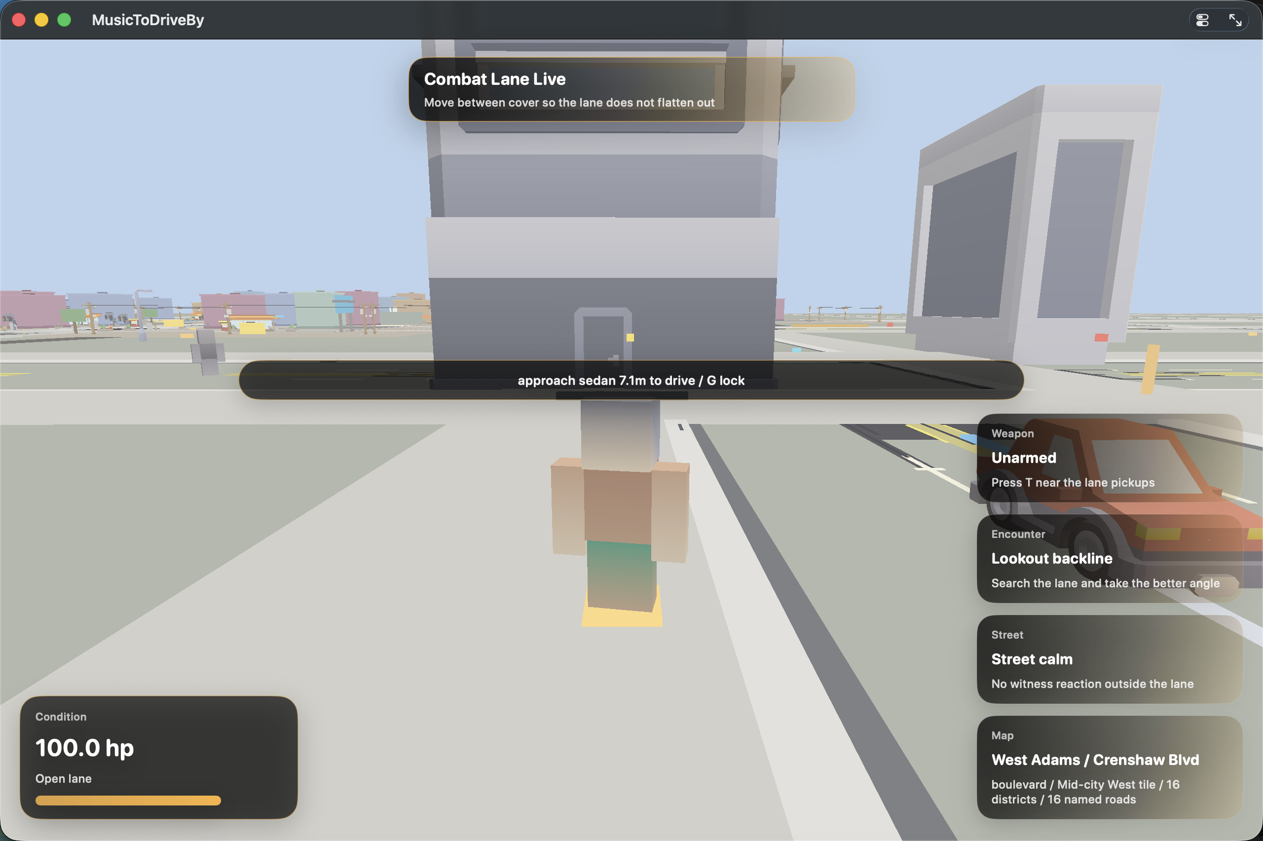 MusicToDriveBy combat lane screenshot